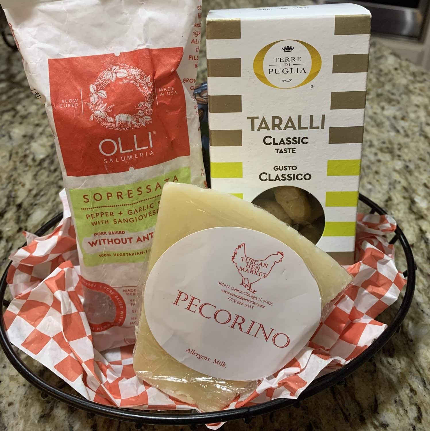 A cheese, cracker and salami gift set from Tuscan Hen Market