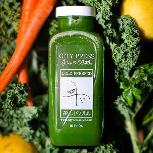A bottle of House Green Juice from City Press Juice & Bottle, part of the Ravenswood Buddy Bundle